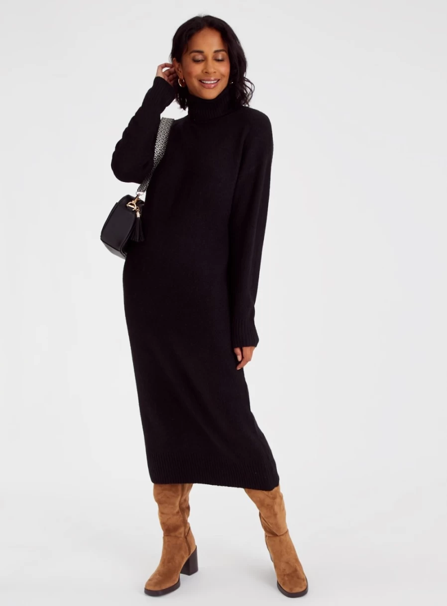 Tu Women's Black Knitted High Neck Jumper Dress - Size 14 Winter Pullover Sweater