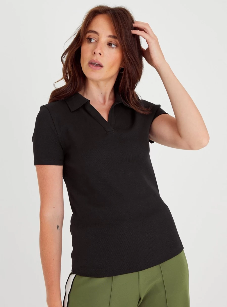Tu Women's Black Slim Fit Ribbed Collared T-Shirt - Stretchable Casual Top Size 16