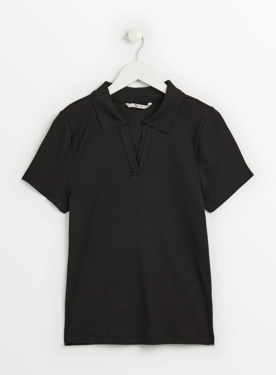 Tu Women's Black Slim Fit Ribbed Collared T-Shirt - Stretchable Casual Top Size 16