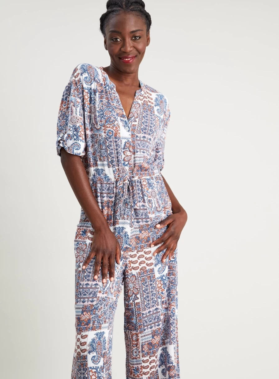 Tu Women's Folk Patchwork Print V-Neck Jumpsuit - Stylish Boho Romper for Women