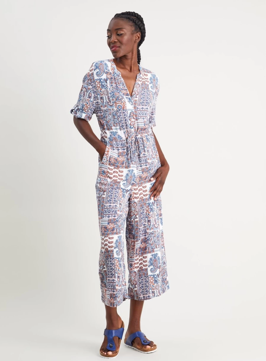 Tu Women's Folk Patchwork Print V-Neck Jumpsuit - Stylish Boho Romper for Women