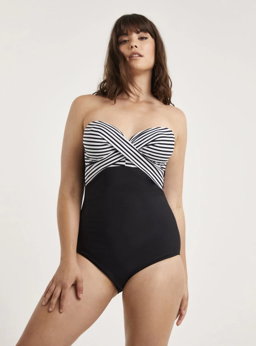 Figleaves Women's Tailor Twist Underwire Bandeau Swimsuit with Tummy Control, Longer Length, Size 34G