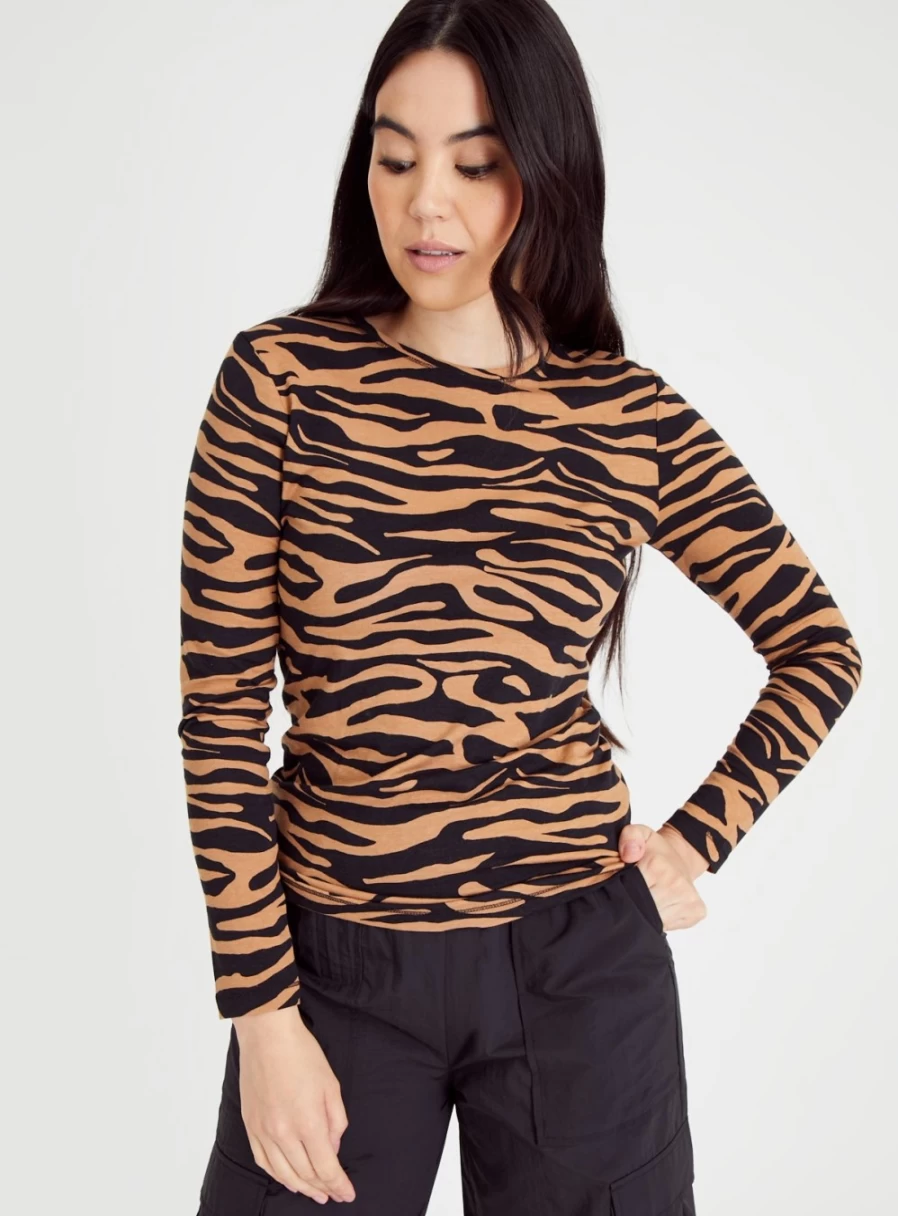 Tu Women's Brown Zebra Print Slim Fit T-Shirt - Stylish Animal Pattern Tee