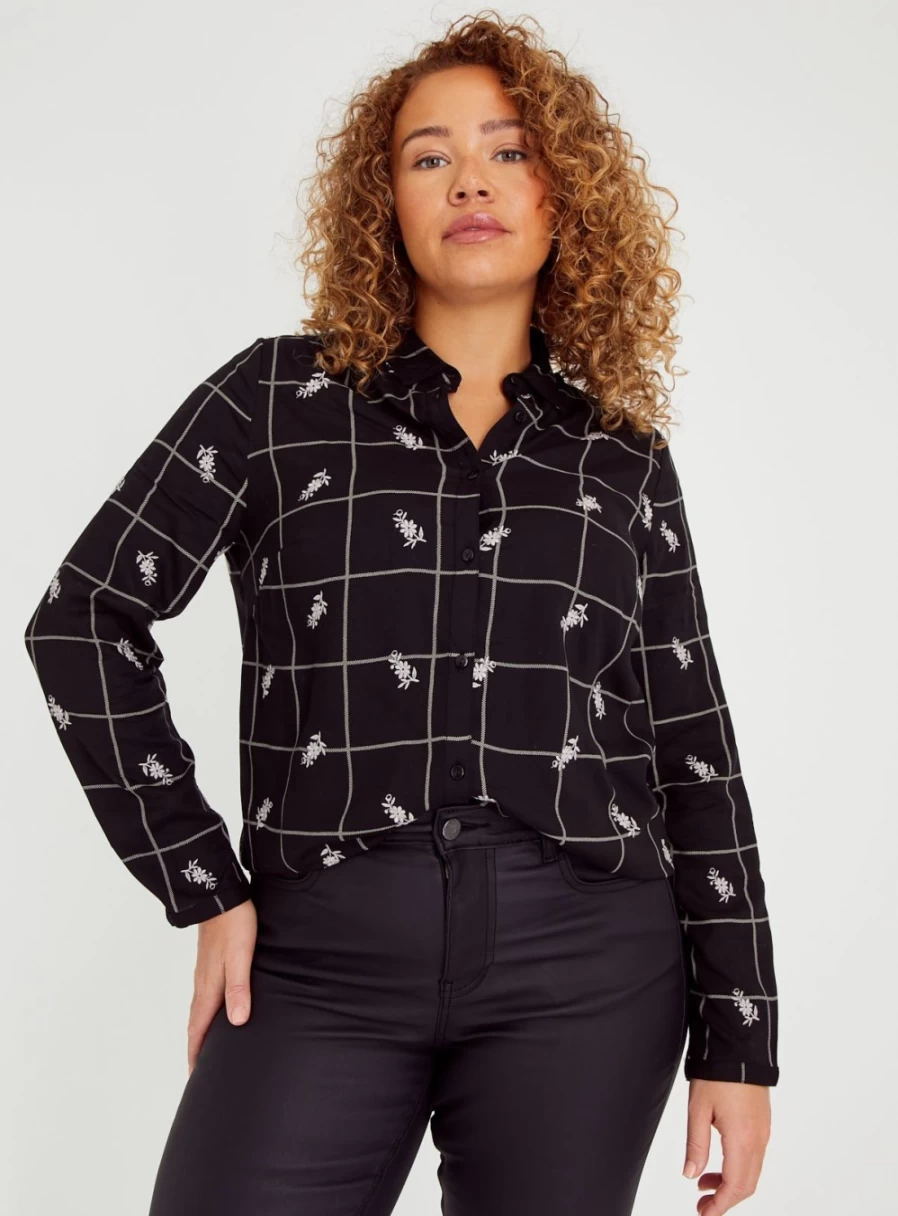Tu Women's Black Grid Check Embroidered Shirt - Stylish Casual Top for Women