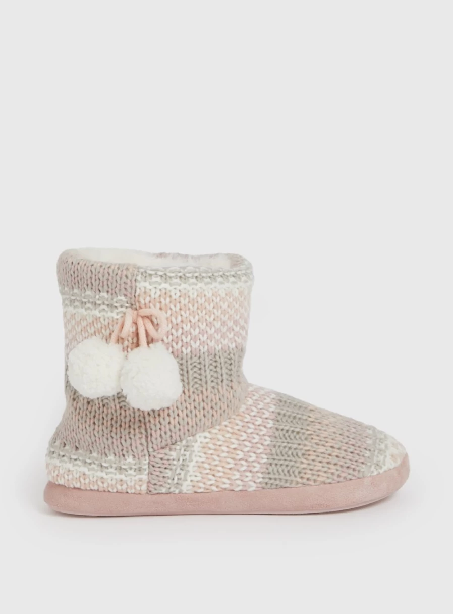Tu Women's Pink Fairisle Knitted Slipper Boots - Cozy Winter Indoor Outdoor House Shoes