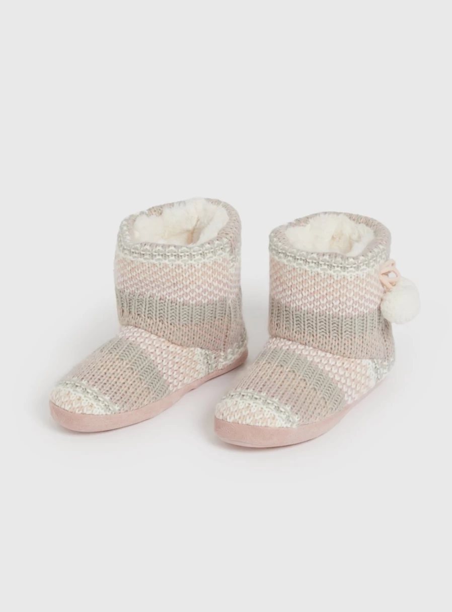 Tu Women's Pink Fairisle Knitted Slipper Boots - Cozy Winter Indoor Outdoor House Shoes