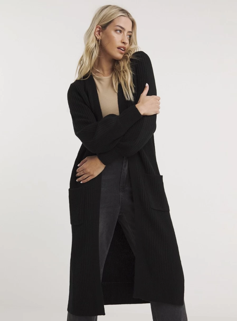 Simply Be Women's Black Longline Fisherman Rib Cardigan - Size 16-18, Cozy Knit Sweater