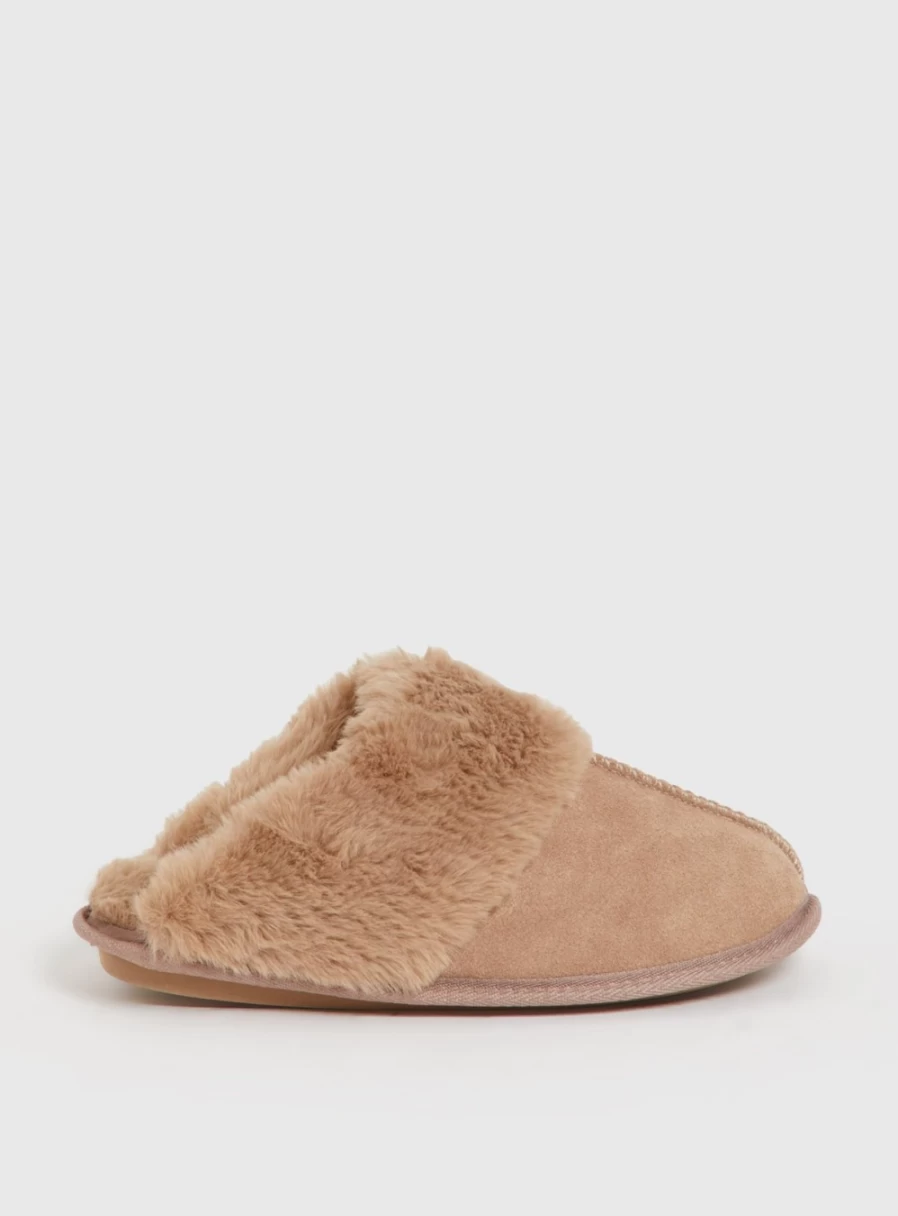 Women's Taupe Suede Mule Slippers with Faux Fur - Totes Comfortable Indoor/Outdoor House Shoes