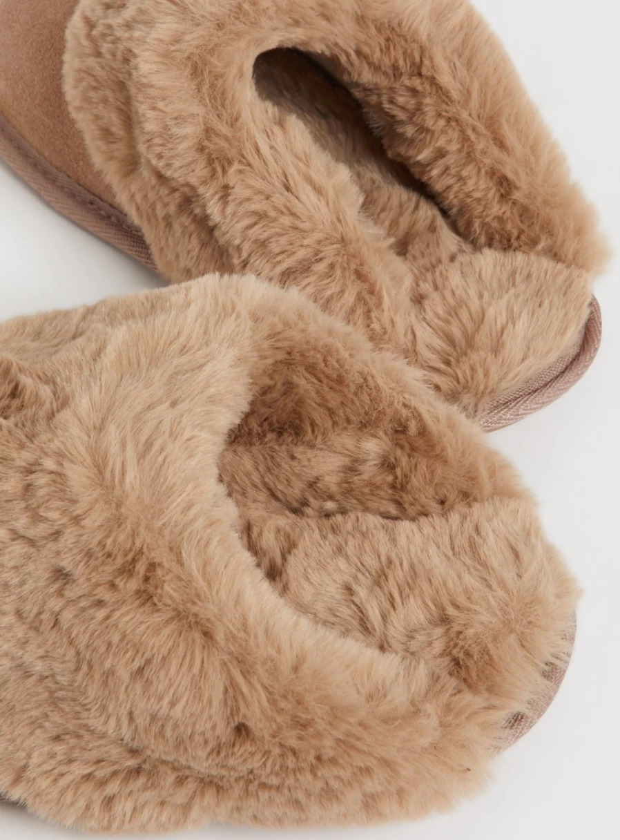 Women's Taupe Suede Mule Slippers with Faux Fur - Totes Comfortable Indoor/Outdoor House Shoes