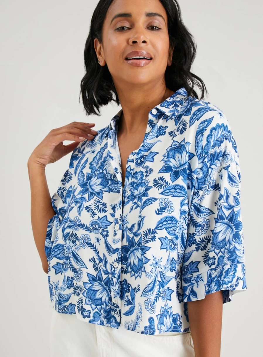 "Tu Women's Off White & Blue Chinese Print Boxy Fit Shirt - Size 14"
