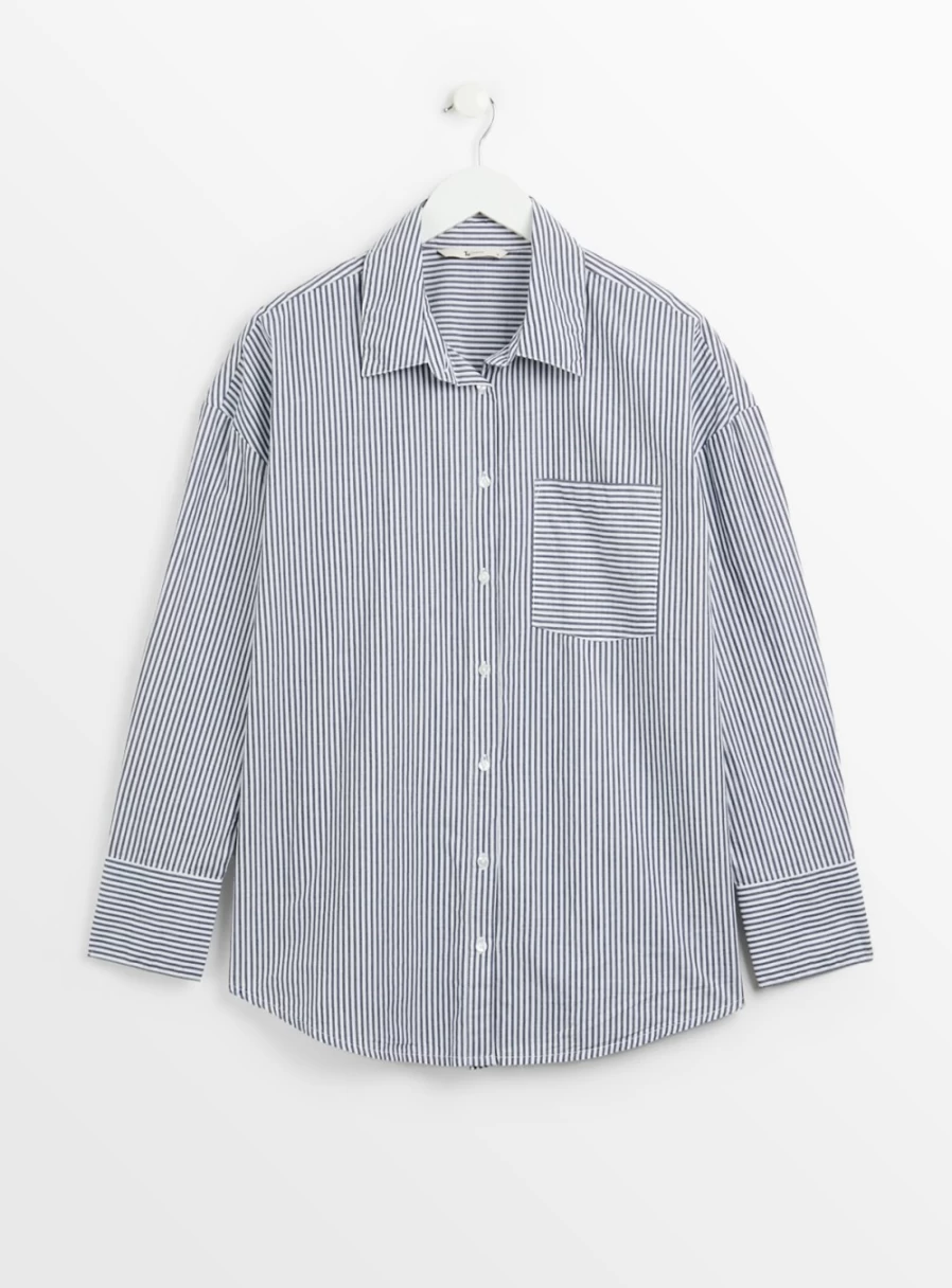 Tu Women's White & Navy Oversized Poplin Shirt - Classic Casual Long Sleeve Top