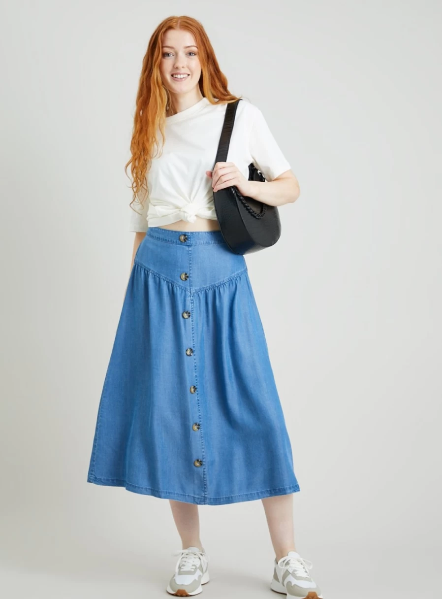 "Tu Women's Denim Blue Full Skirt with Yoke Detail - Tencel Lyocell Fabric"