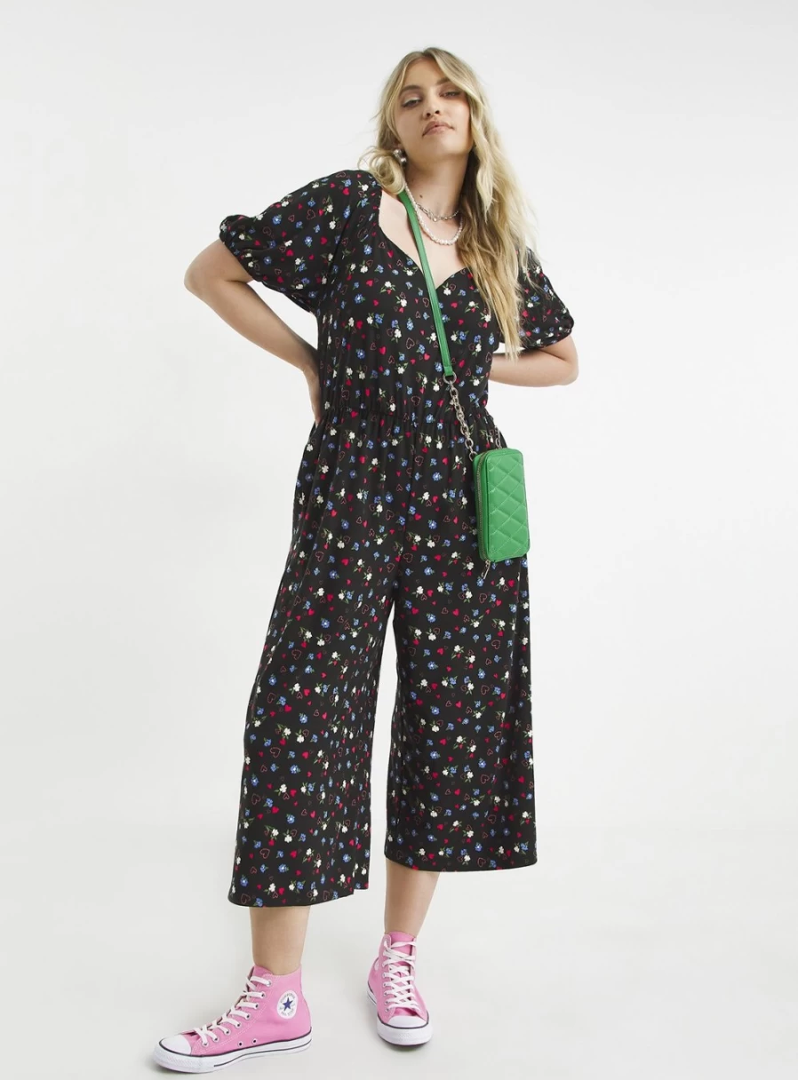 Simply Be Women's Black Floral Print Supersoft Jersey Jumpsuit - Size 28 Casual Romper