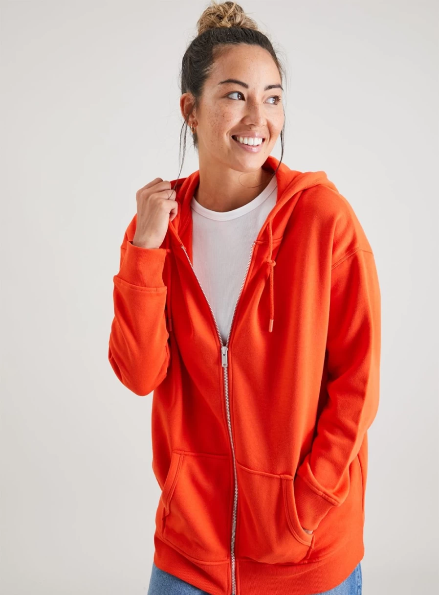 Tu Women's Red Oversized Zip-Up Hoodie - Comfortable Fleece Pullover with Front Pockets
