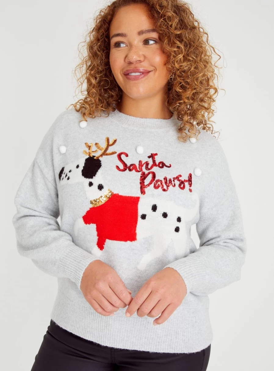 Tu Women's Xmas Grey Santa Paws Sweater Size 14 - Festive Holiday Knit Jumper