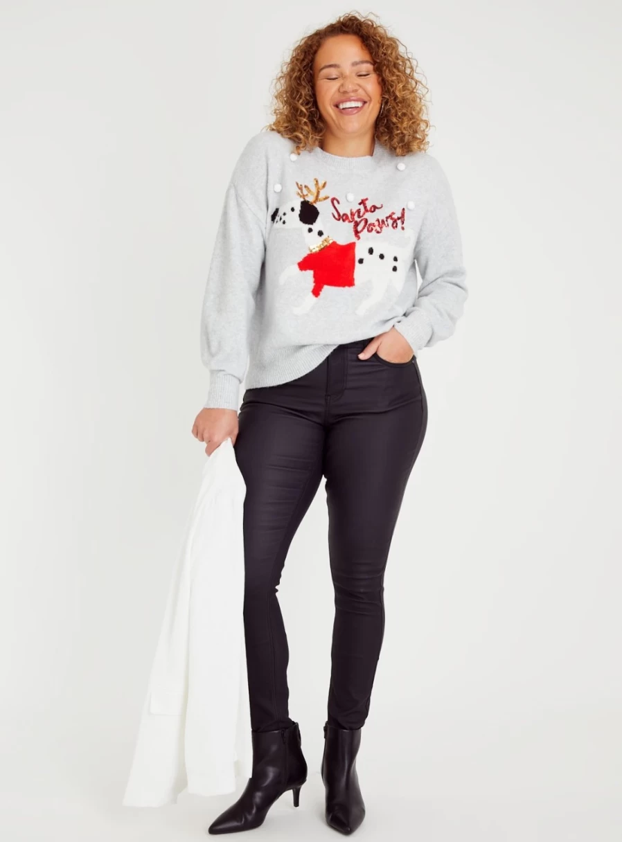Tu Women's Xmas Grey Santa Paws Sweater Size 14 - Festive Holiday Knit Jumper