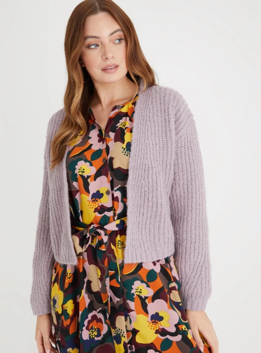 Tu Women's Lilac Ribbed Cropped Cardigan - Soft Knit Button-Up Sweater