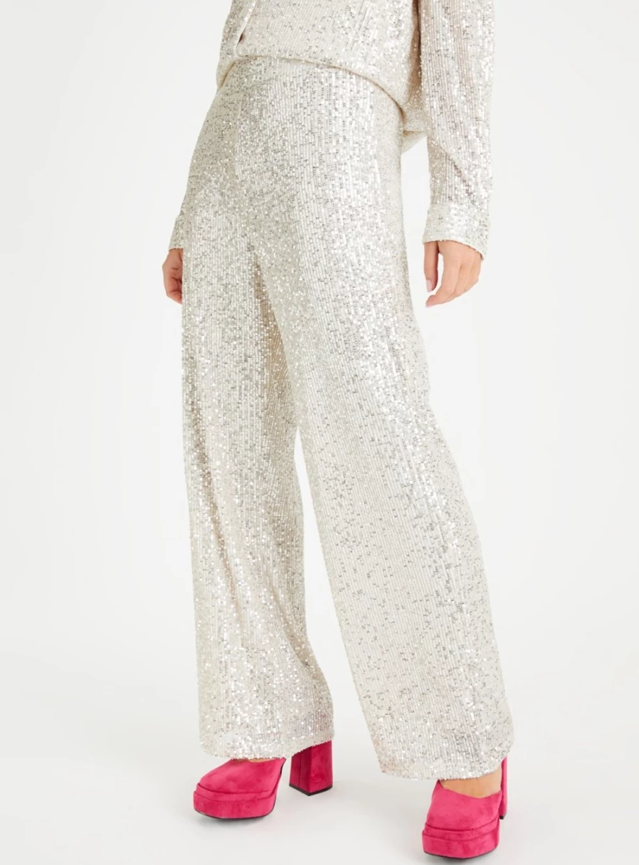 Tu Women's Silver Sequin Wide Leg Trousers - Glamorous High Waist Palazzo Pants for Evening Wear