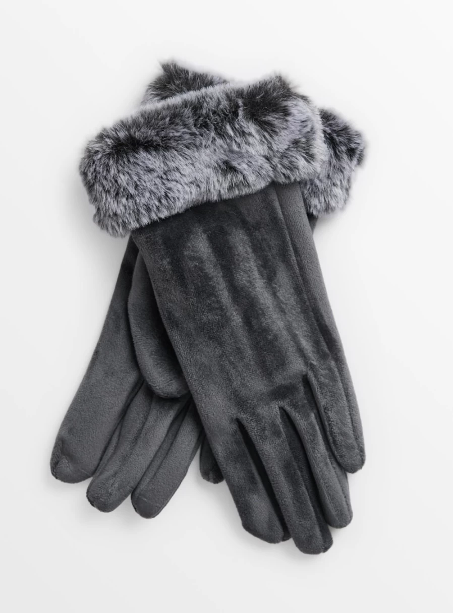 Women's Grey Faux Fur Winter Gloves with Cuff - Tu Brand One Size Soft Warm Fashionable