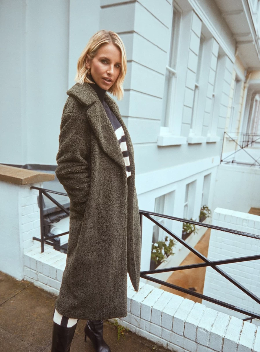 Vogue Williams Women's Green Teddy Coat - Soft Winter Outerwear Size 16