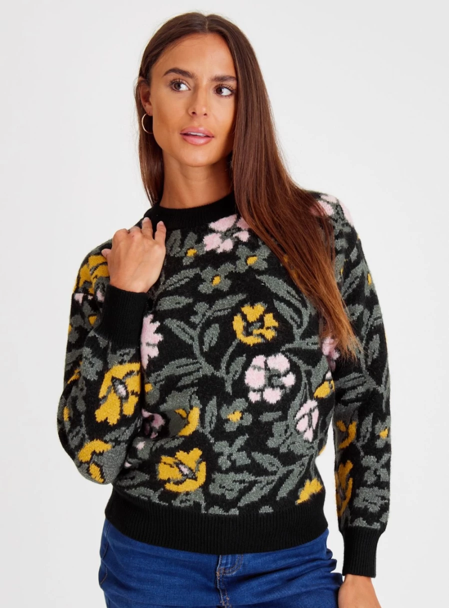 Tu Women's Black Floral Patterned Knit Jumper Long Sleeve L
