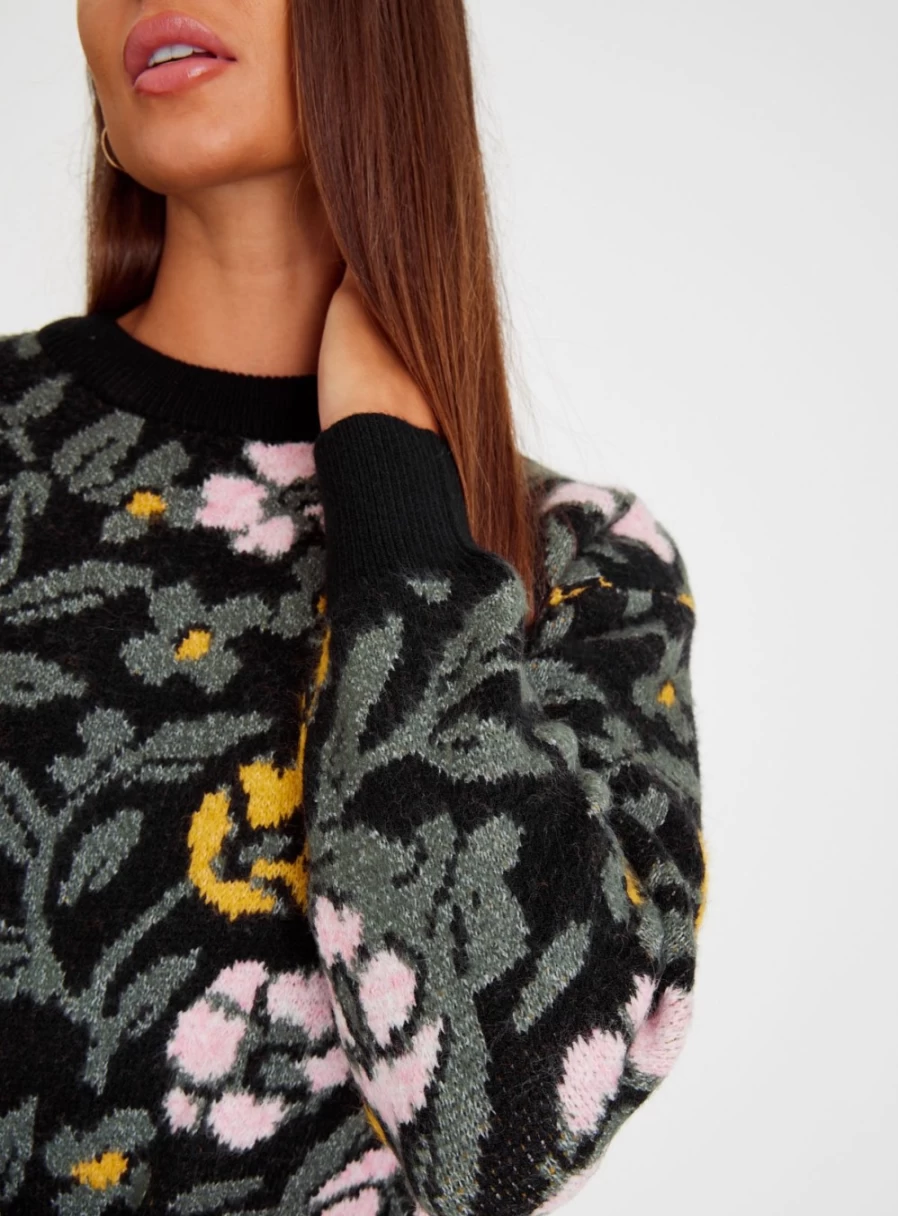 Tu Women's Black Floral Patterned Knit Jumper Long Sleeve L