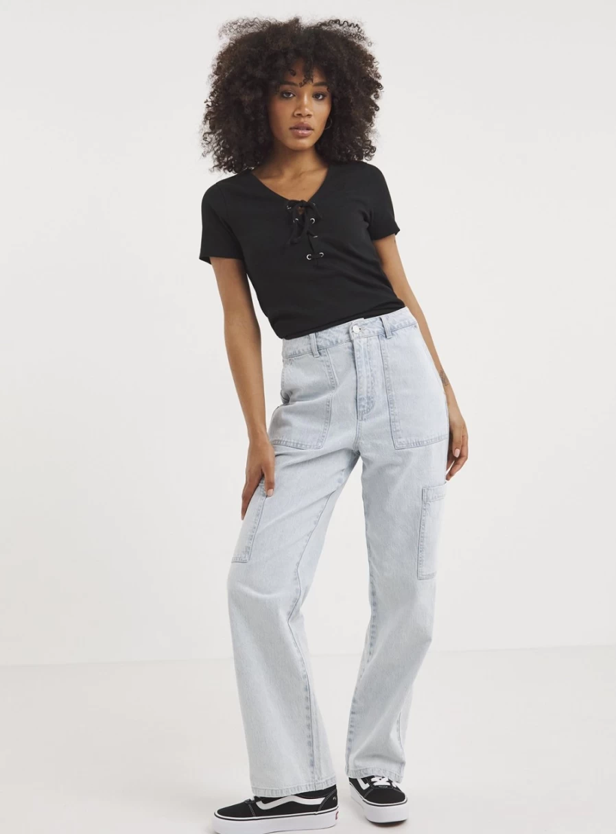 Simply Be Women's Black Lace-Up Ribbed T-Shirt - Size 14 Slim Fit Casual Top