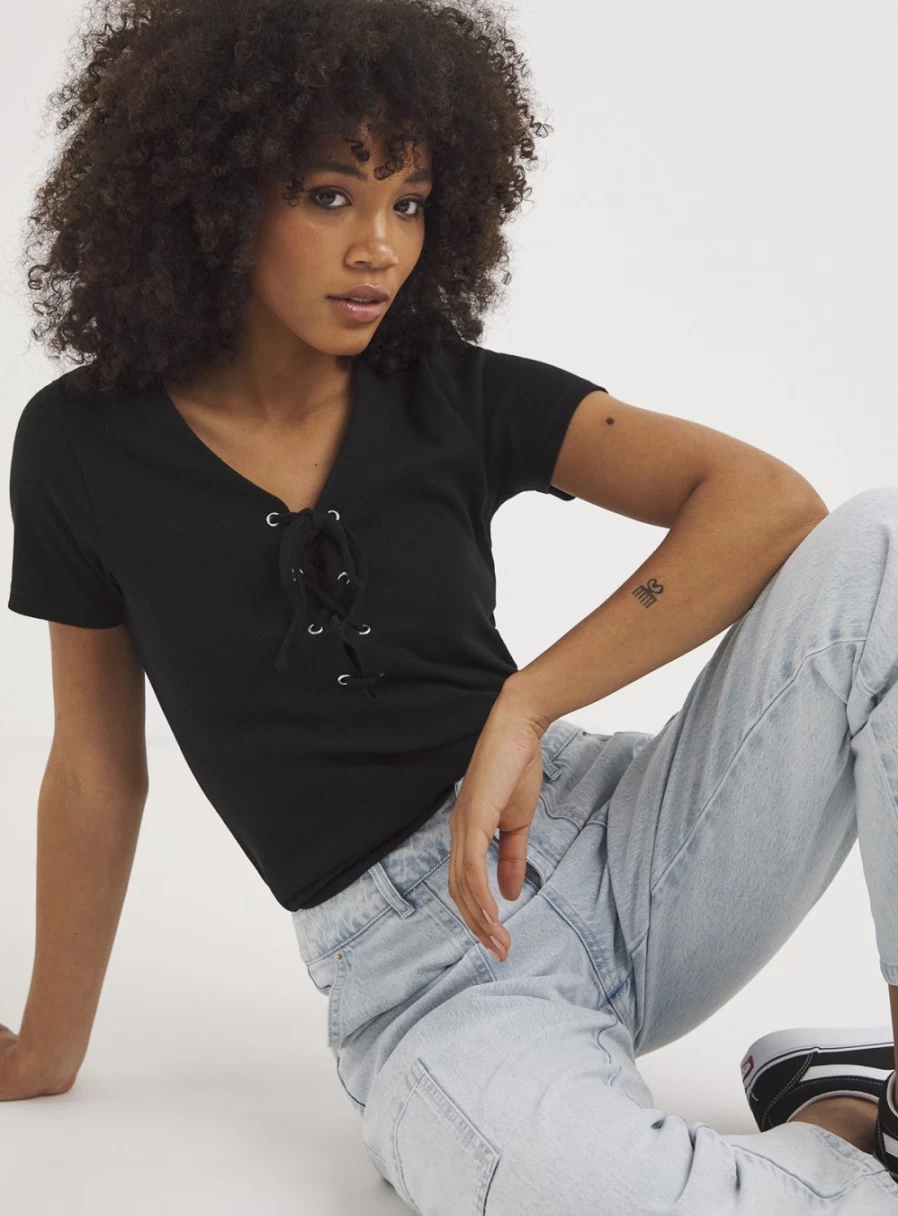 Simply Be Women's Black Lace-Up Ribbed T-Shirt - Size 14 Slim Fit Casual Top