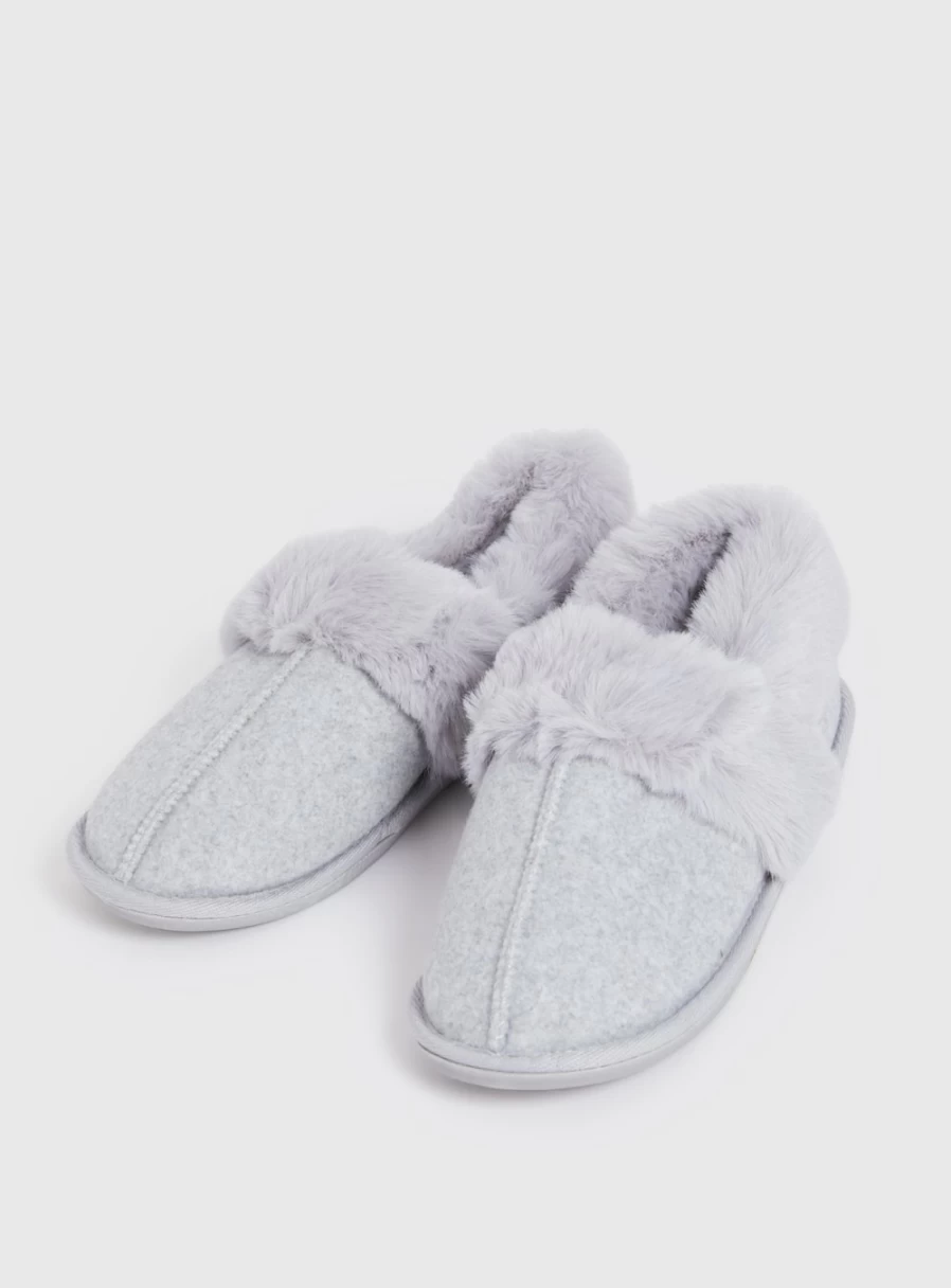 Tu Women's Grey Faux Fur Slippers - Cozy Indoor/Outdoor Winter House Shoes