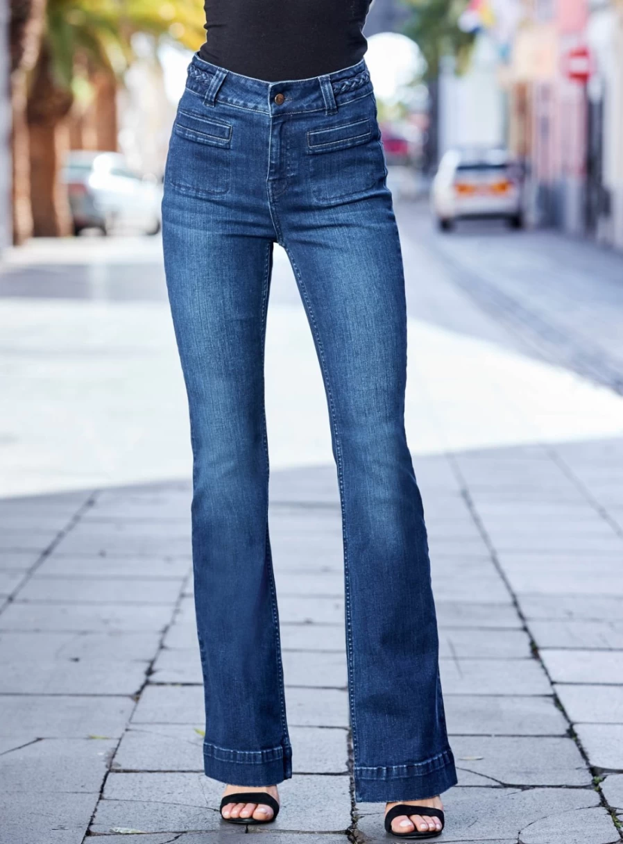 Sosandar Women's Dark Indigo Braided Denim Kickflare Jeans Size 12