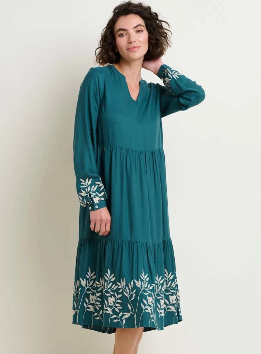 Brakeburn Women's Anwen Embroidered Sleeve Floral Midi Dress with Hem Detail - Size 8