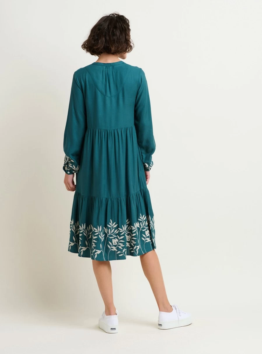 Brakeburn Women's Anwen Embroidered Sleeve Floral Midi Dress with Hem Detail - Size 8