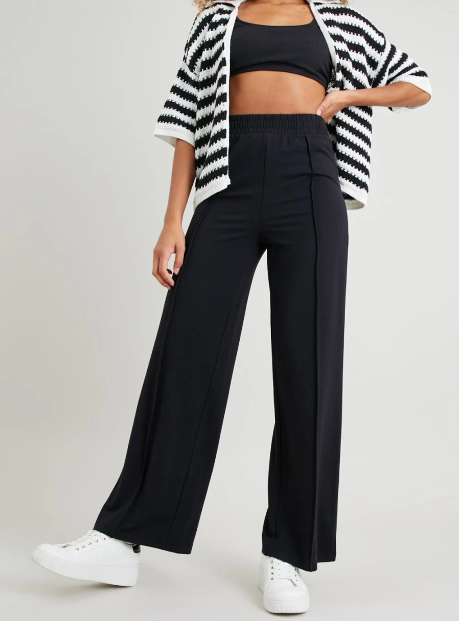 Tu Women's Black Wide Leg Pintuck Joggers - High Waisted Comfort Pants for Casual Wear