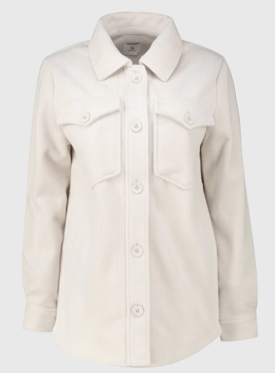 "Tu Women's Cream Herringbone Shacket - Soft Oversized Button-Up Coat Jacket"