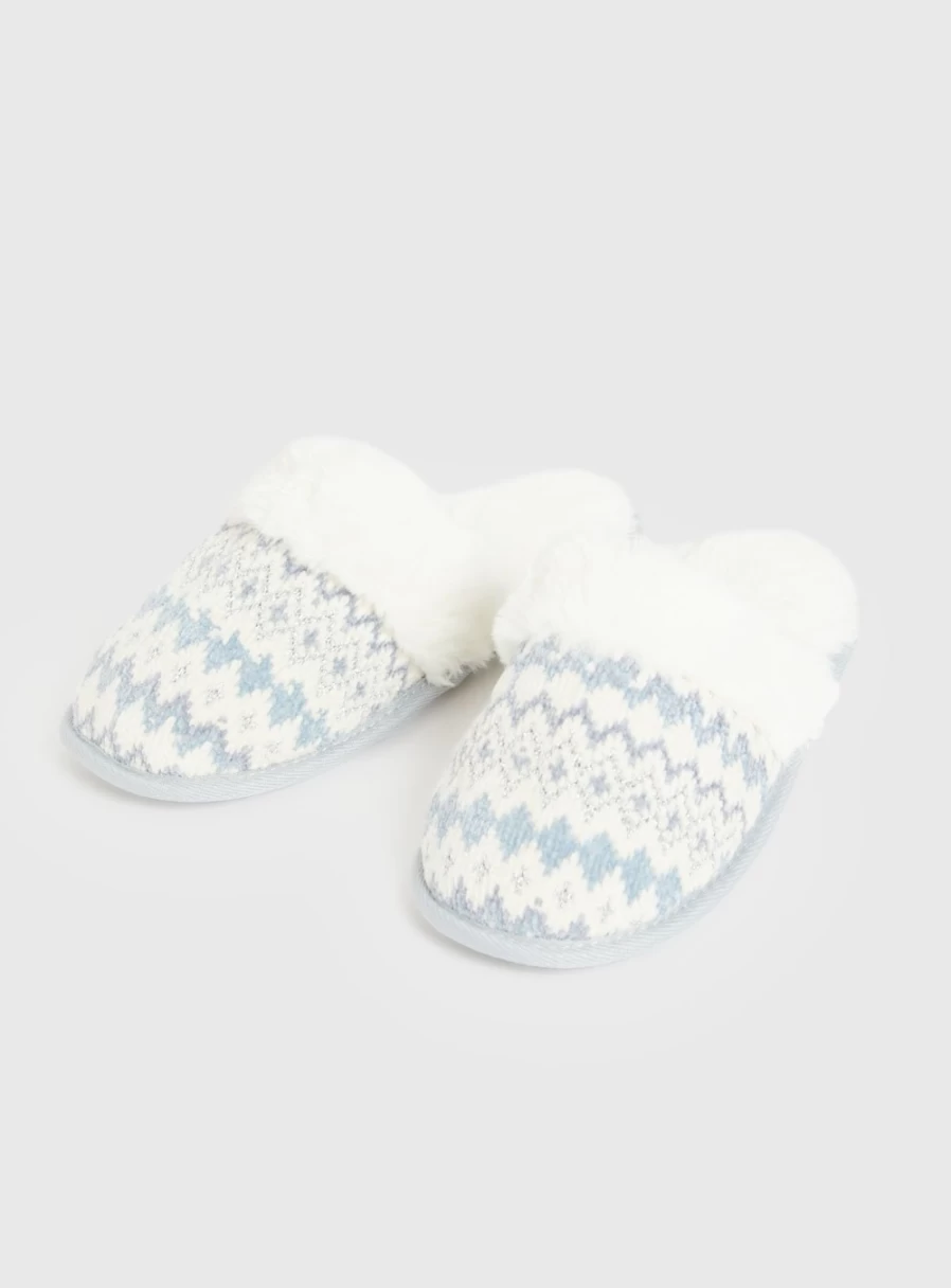 Tu Women's Blue Knitted Mule Slippers Soft Comfort House Shoes
