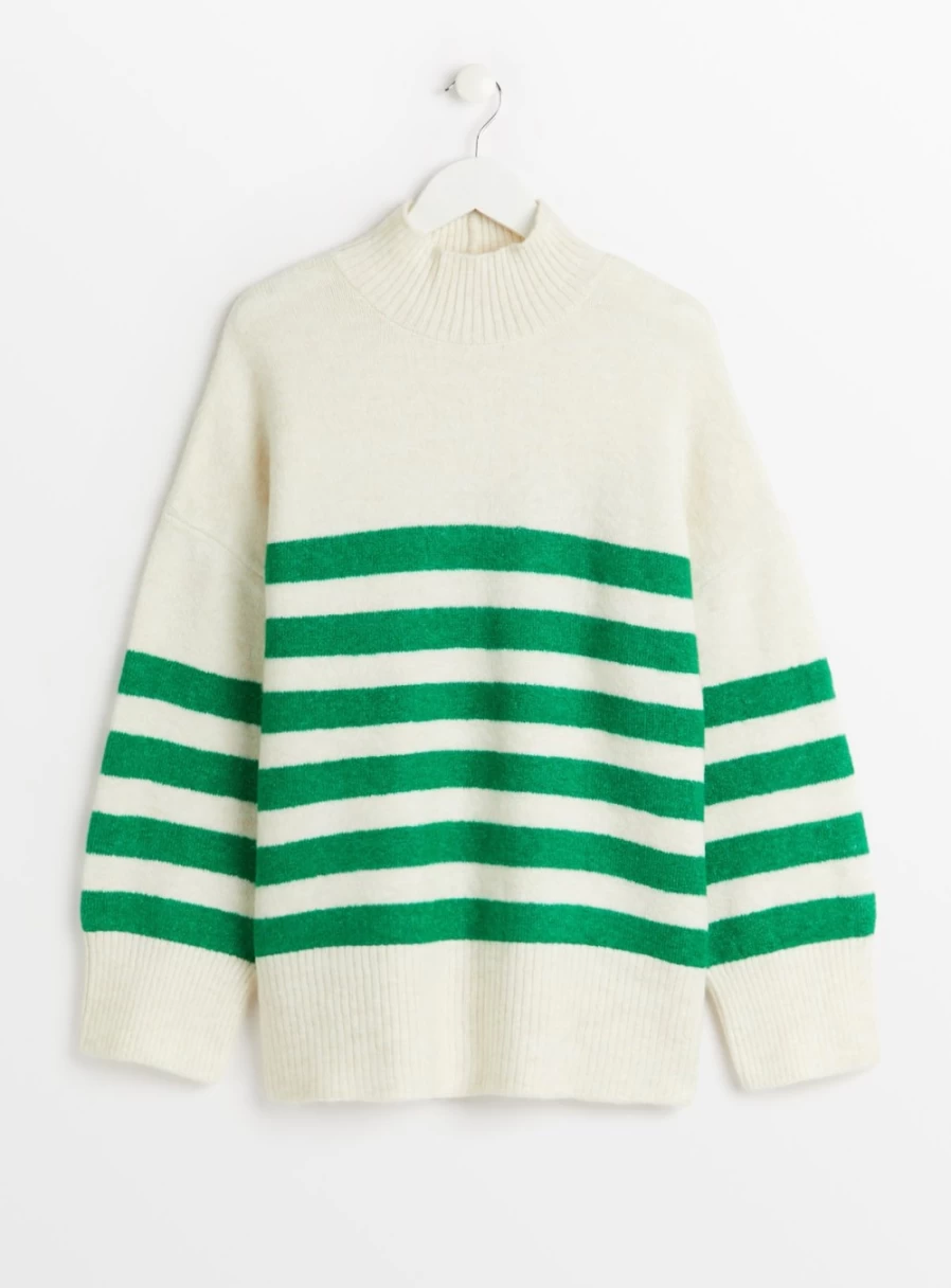 Tu Women's White & Green Striped High Neck Knit Jumper - Casual Chic Sweater