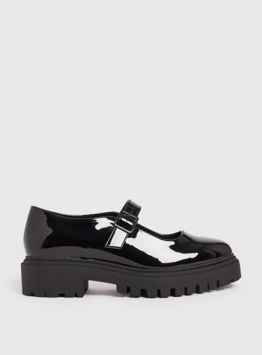 "Tu Women's Black Patent Chunky Mary Jane Shoes - Stylish & Comfortable Heels for Women"