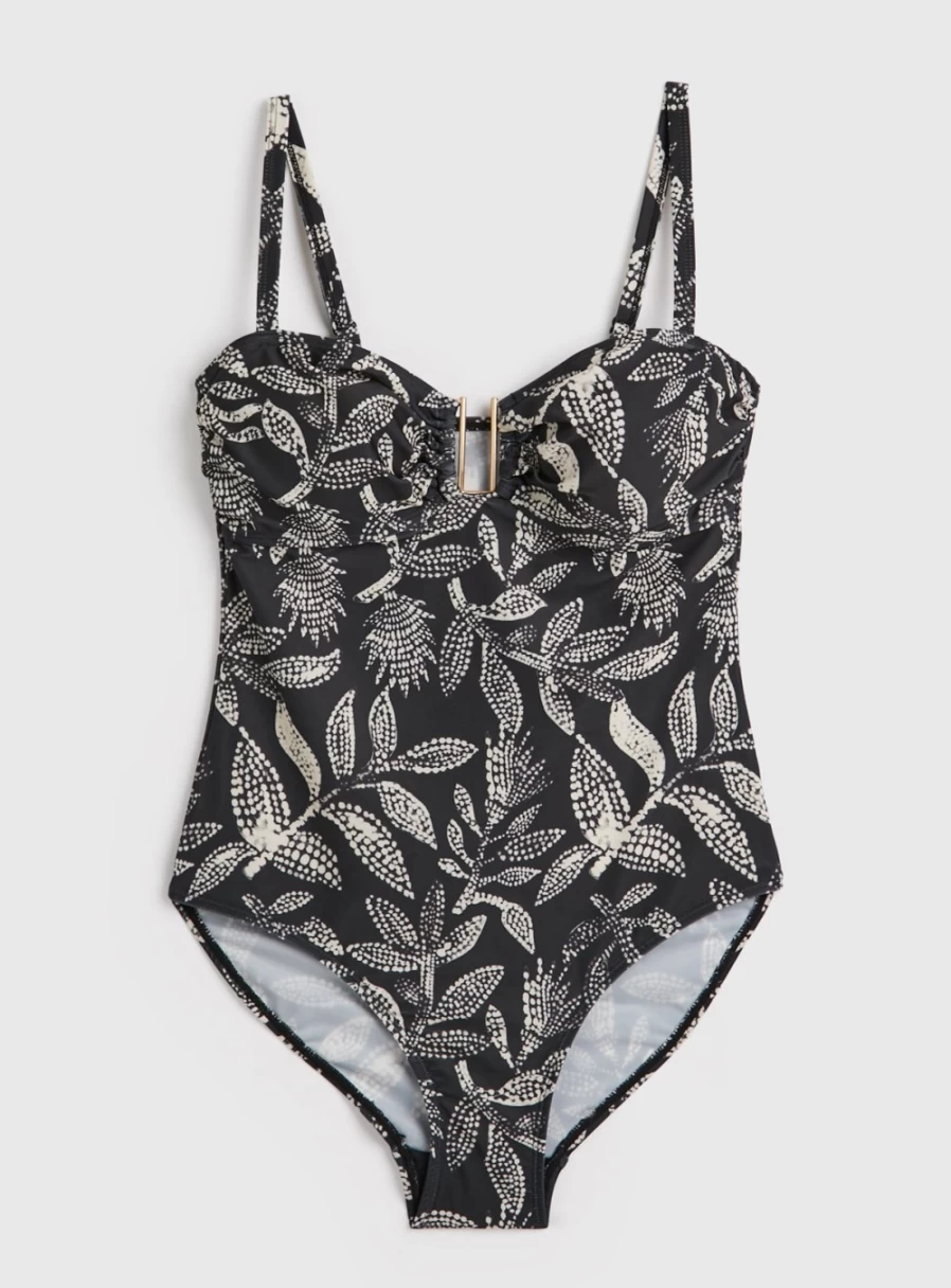 Tu Women's Mono Leaf Print Bandeau Swimsuit - Stylish One-Piece Bathing Suit for Summer Beachwear