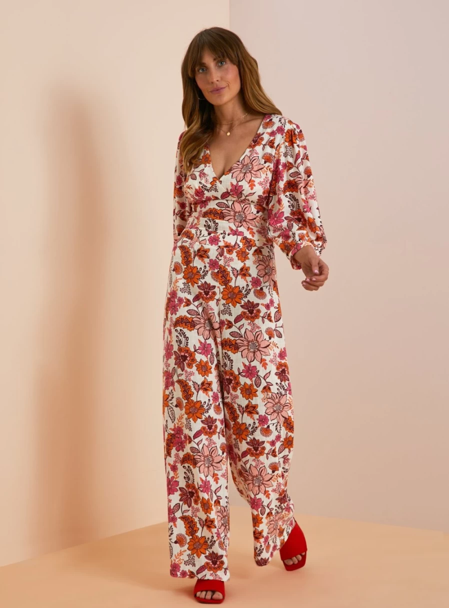 Everbelle Women's Retro Floral Wide Leg Pants - High Waist Coord Trousers Size 10