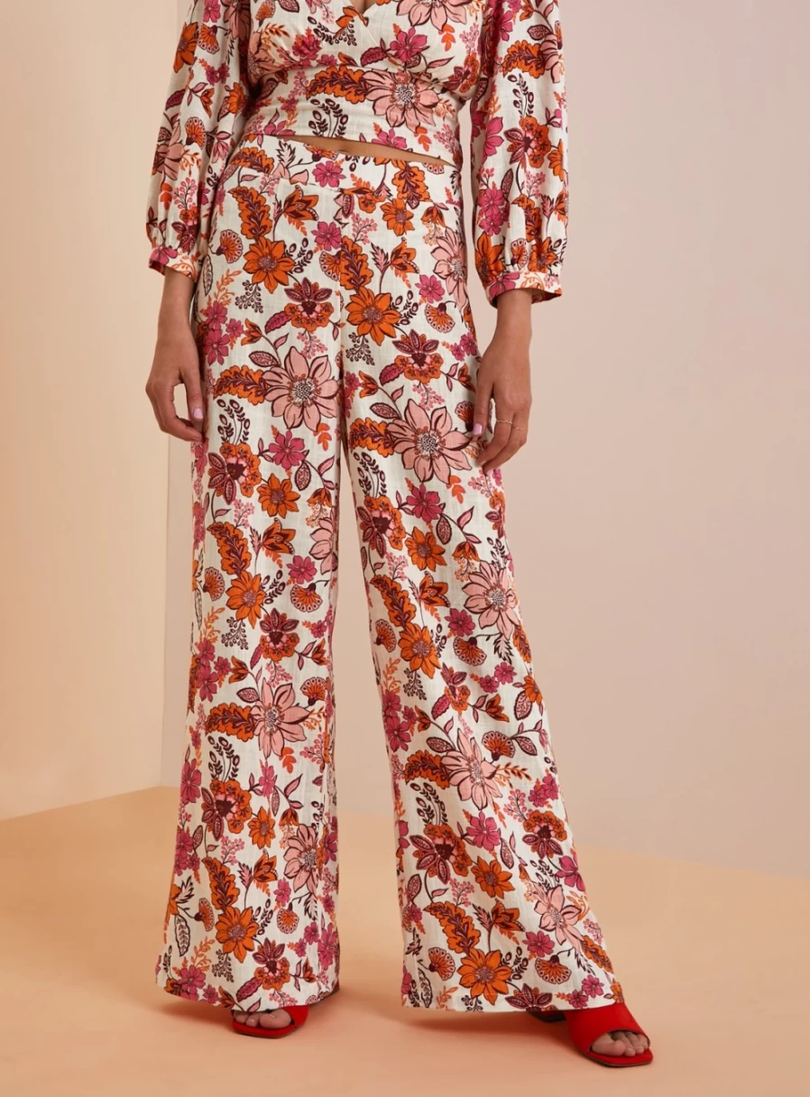 Everbelle Women's Retro Floral Wide Leg Pants - High Waist Coord Trousers Size 10