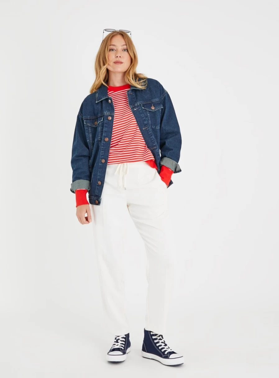 Tu Women's Red Stripe Oversized Sweatshirt - Comfortable Casual Pullover M Size
