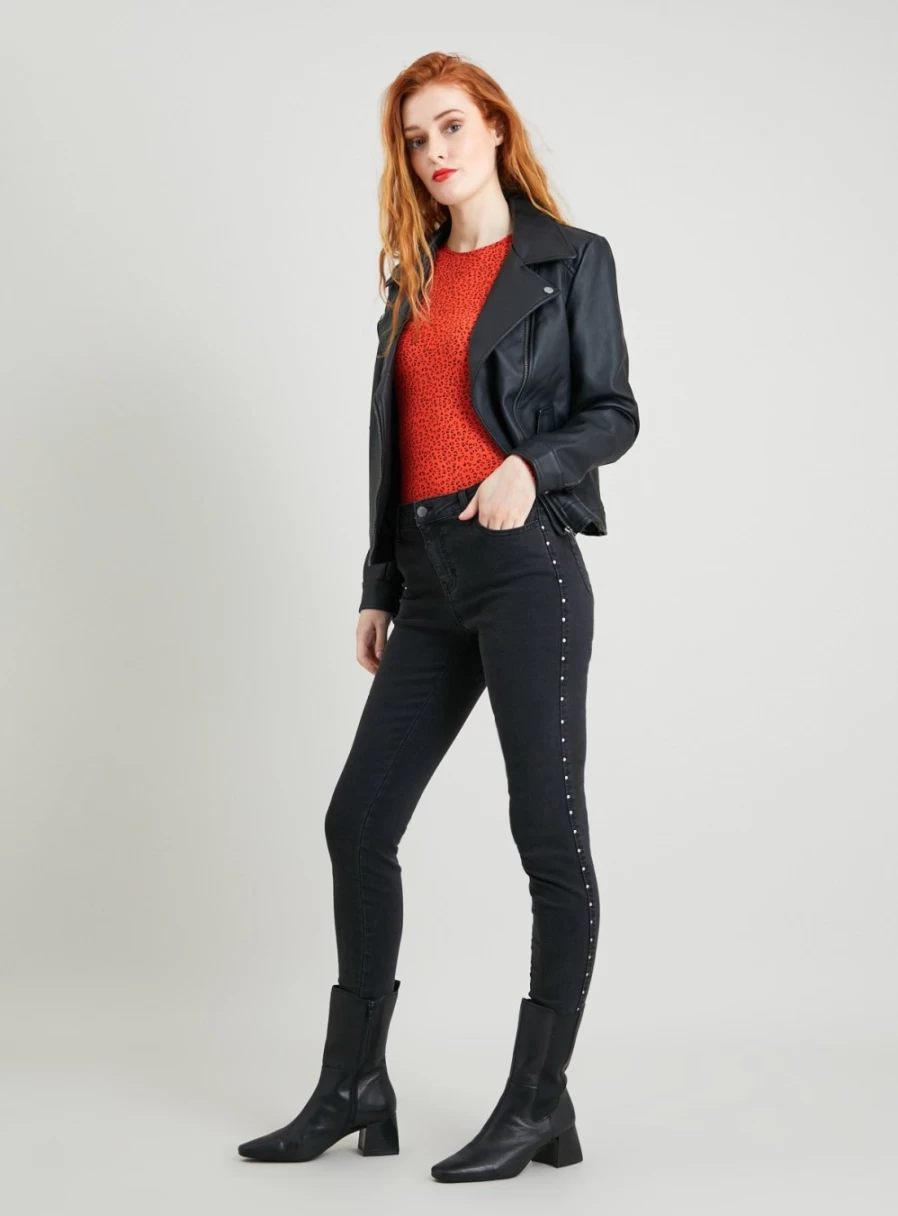 Tu Women's Charcoal Grey Skinny Jeans with Stud Details - Stretch Denim, Washed Finish, Size 14