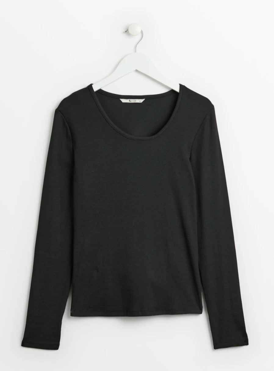 Tu Women's Black Slim Fit Asymmetrical Neck Ribbed Top - Stylish & Comfortable