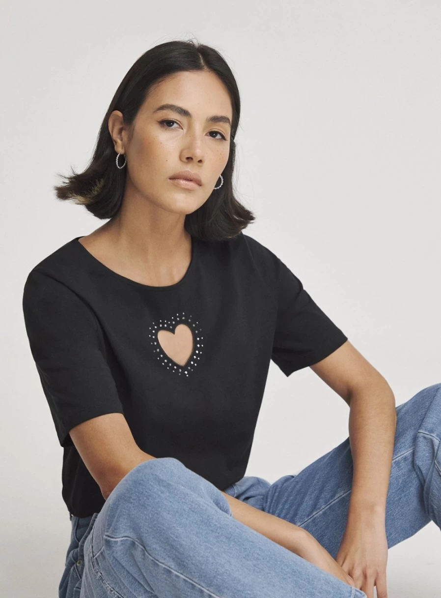 Simply Be Women's Black Diamante Heart Cut Out T-Shirt - Stylish Feminine Top