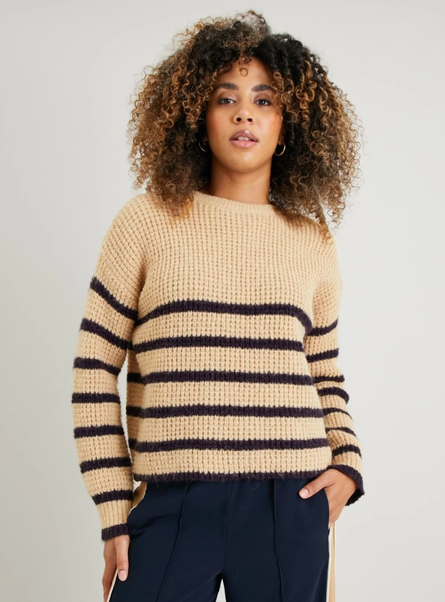 Tu Women's Beige Striped Waffle Knit Cropped Sweater - Size L Cozy Casual Pullover