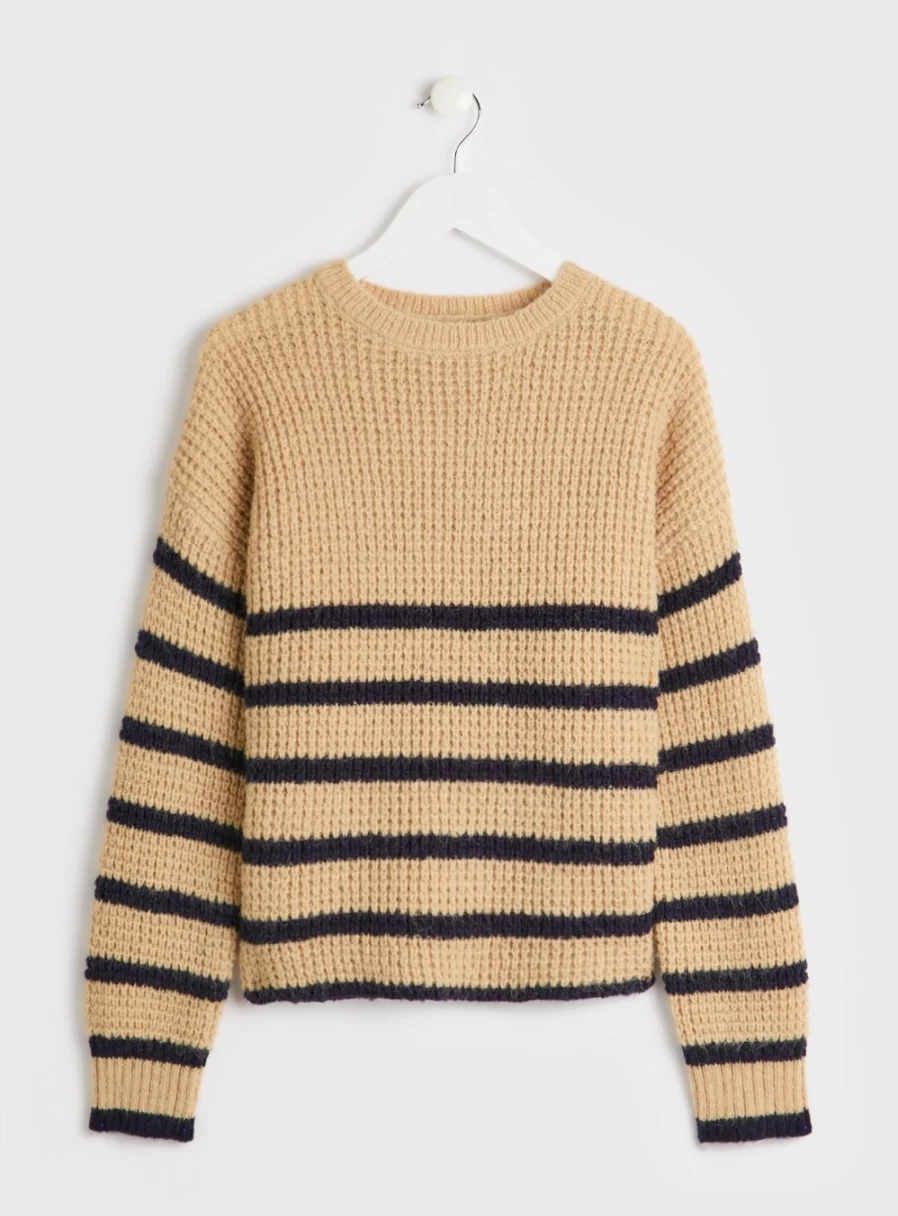 Tu Women's Beige Striped Waffle Knit Cropped Sweater - Size L Cozy Casual Pullover