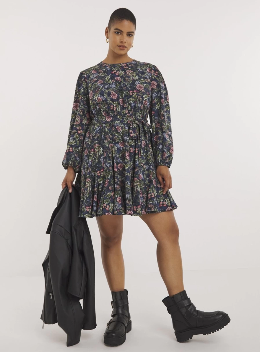 Simply Be Women's Grey Floral Print Belted Georgette Skater Dress - Size 12