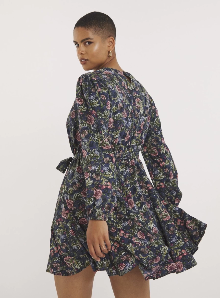 Simply Be Women's Grey Floral Print Belted Georgette Skater Dress - Size 12