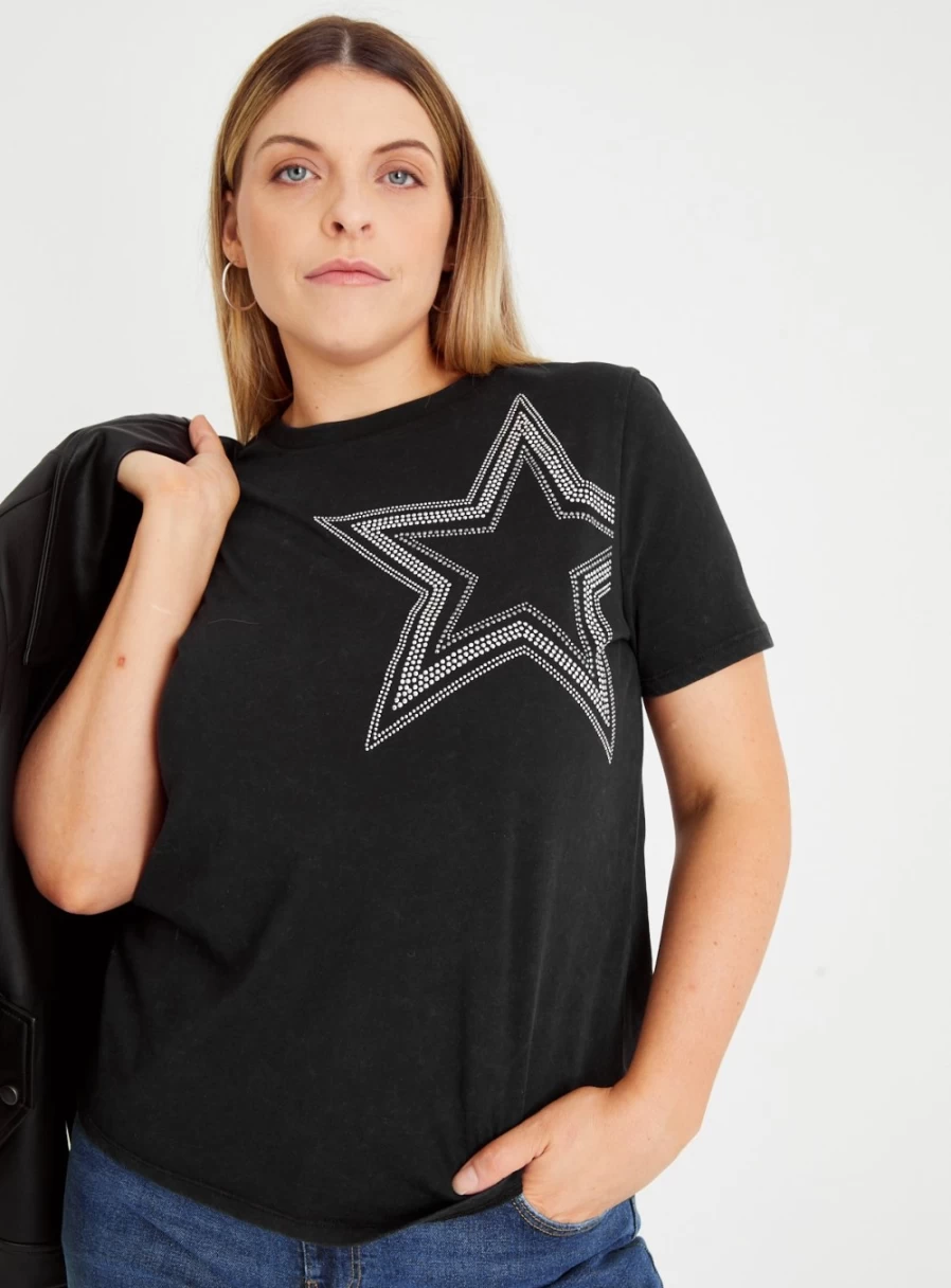 Tu Women's Black Silver Star Regular Fit T-Shirt - Stylish Casual Top
