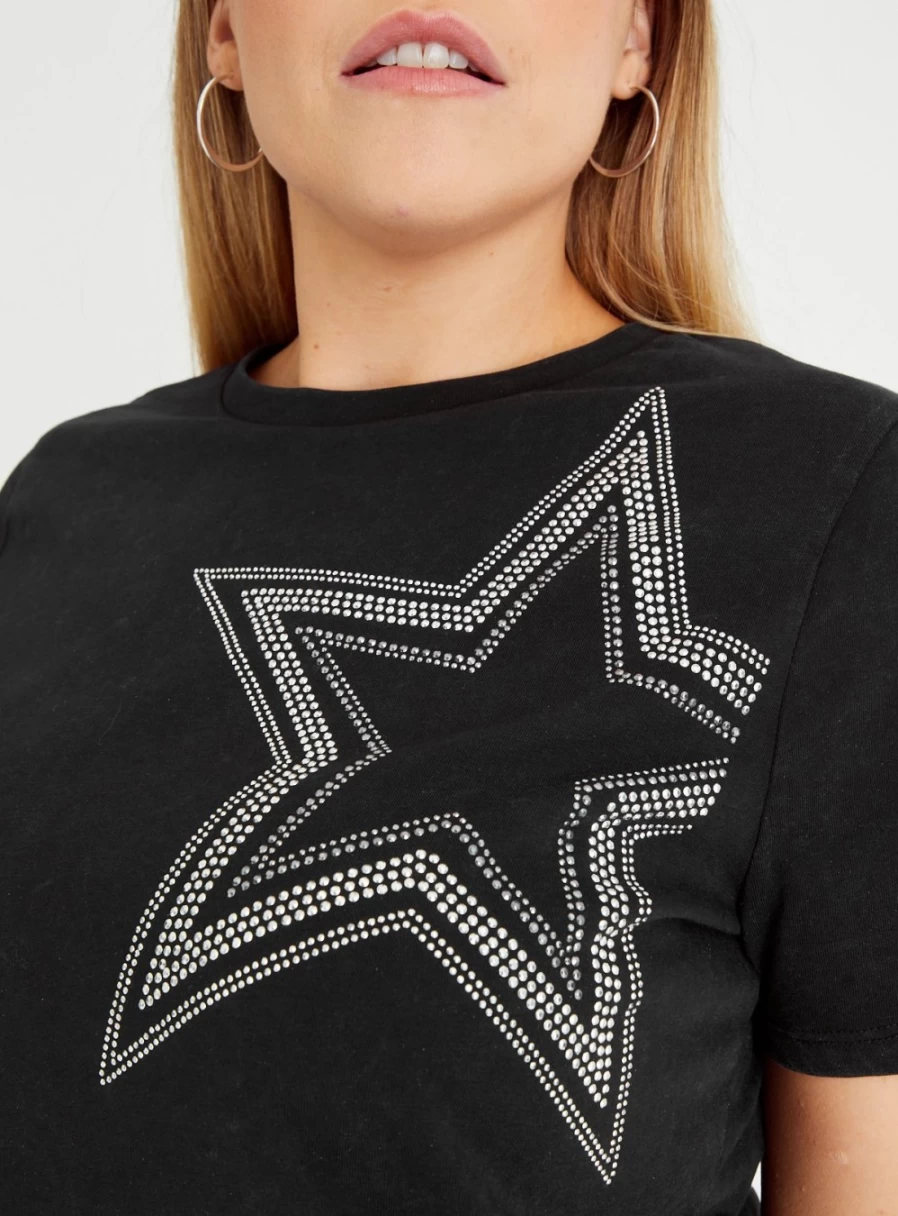 Tu Women's Black Silver Star Regular Fit T-Shirt - Stylish Casual Top